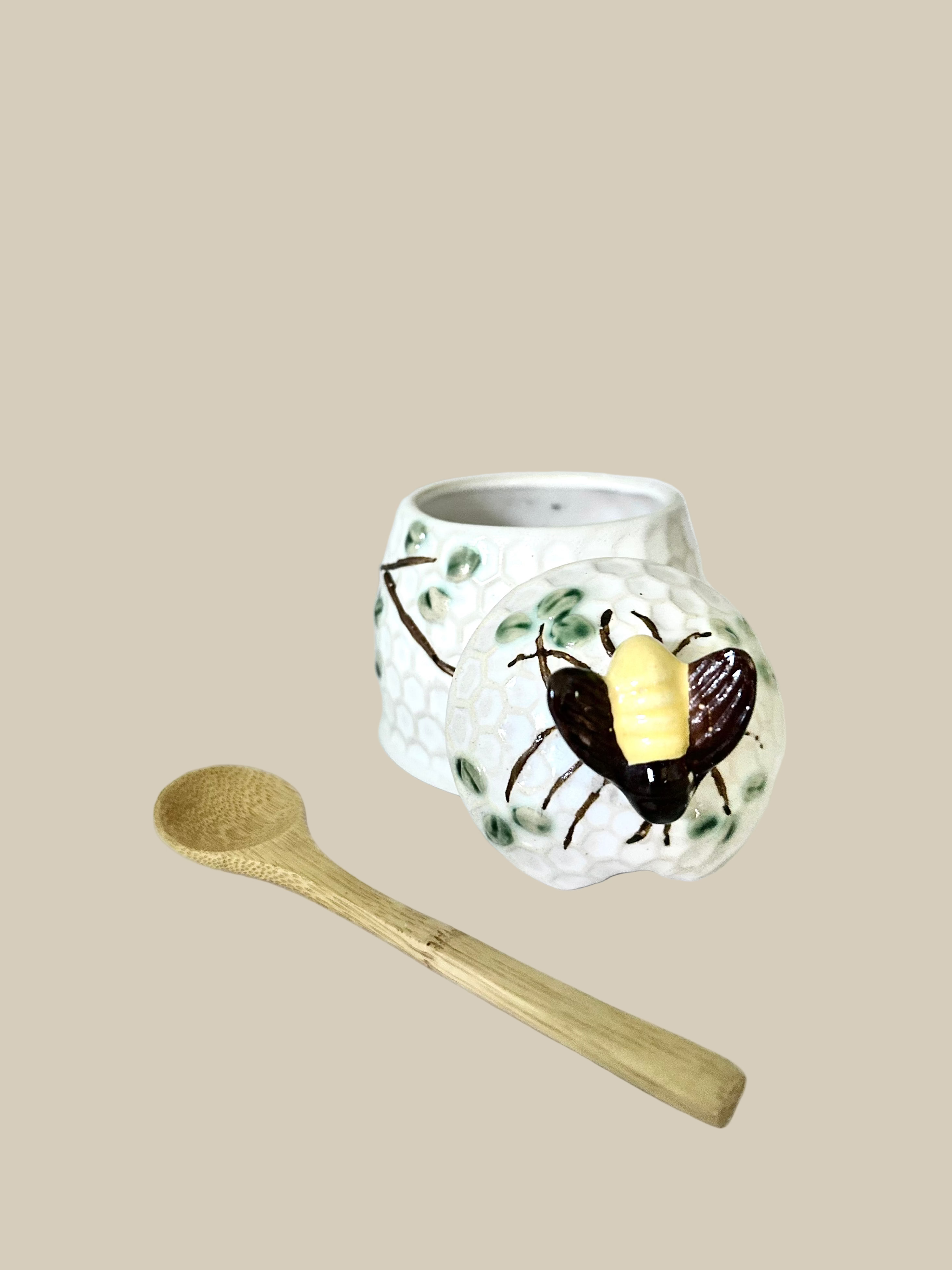 Bee Ceramic Honey Pot with Wooden Spoon