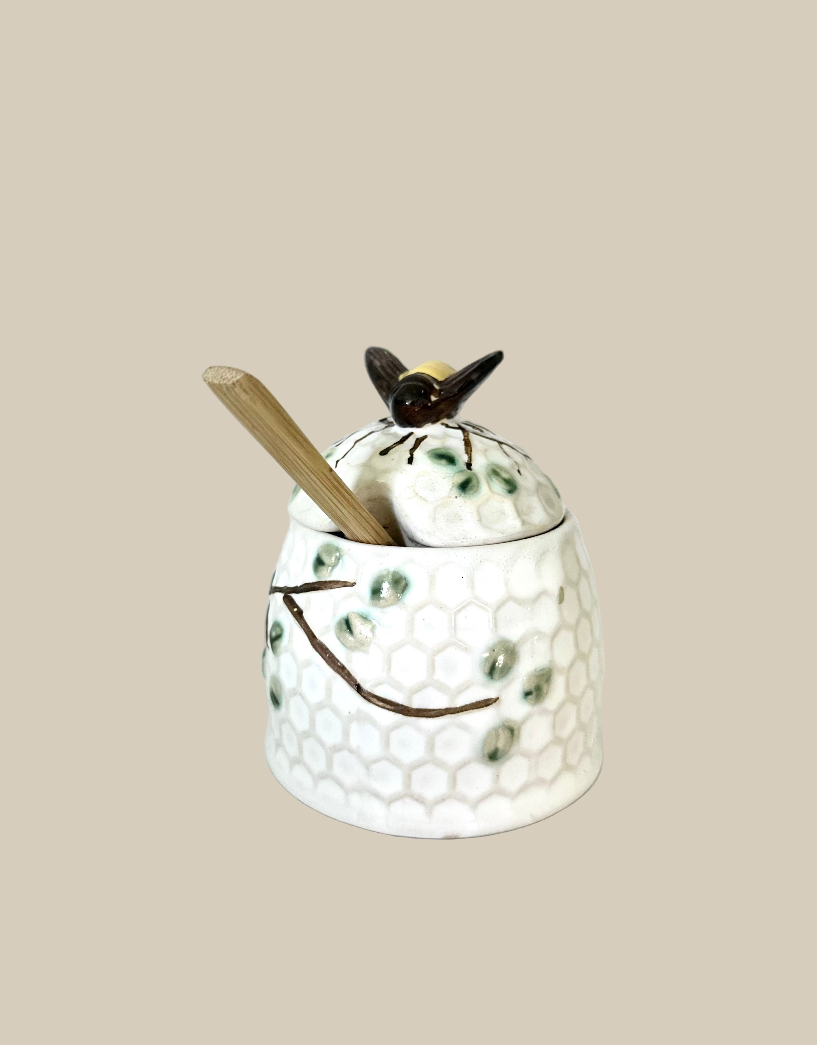 Bee Ceramic Honey Pot with Wooden Spoon