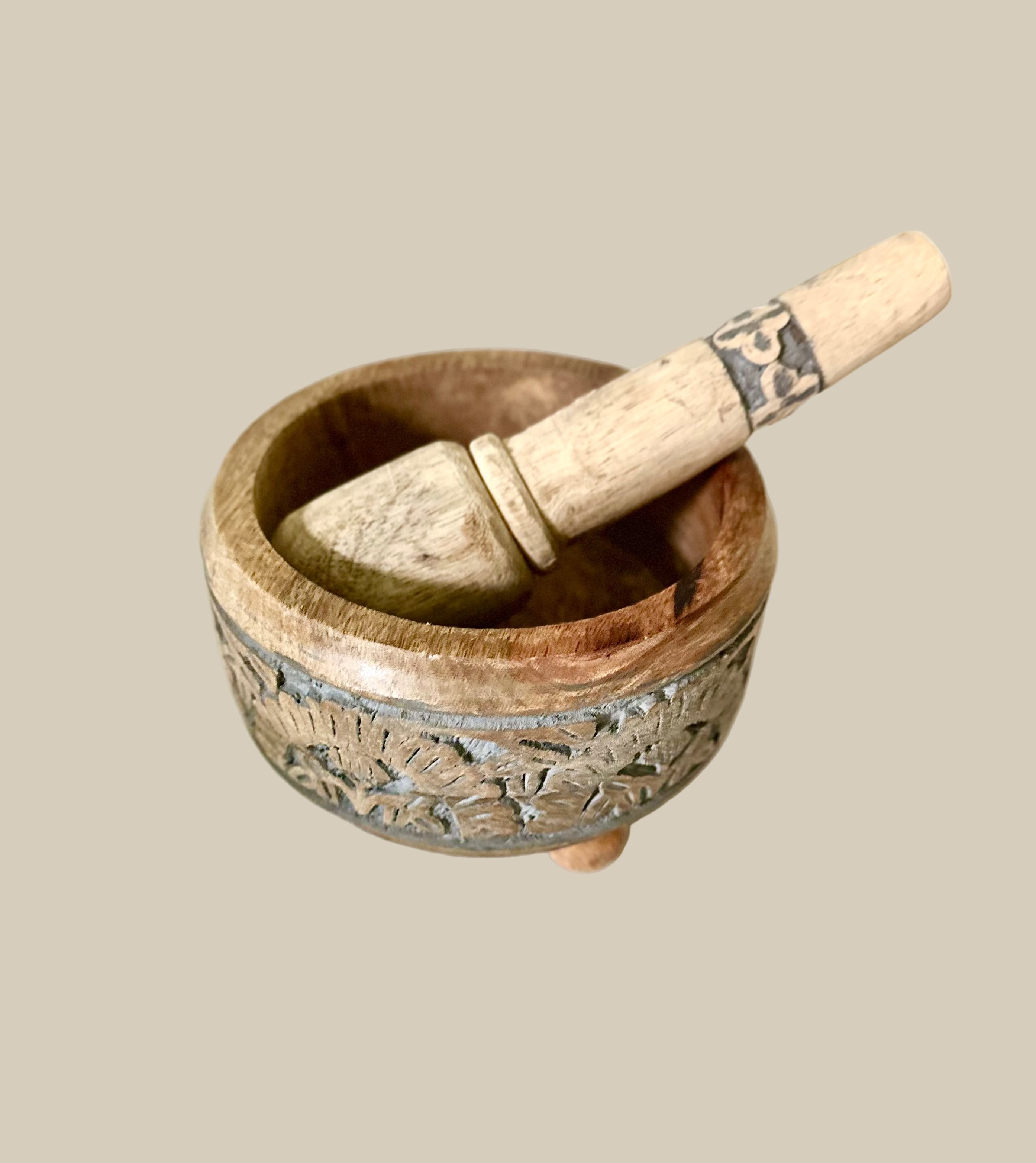 Wooden Engraved Mortar and Pestle